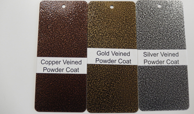 powder coat samples showing copped veined powder coat, gold veined powder coat, silver veined powder coat