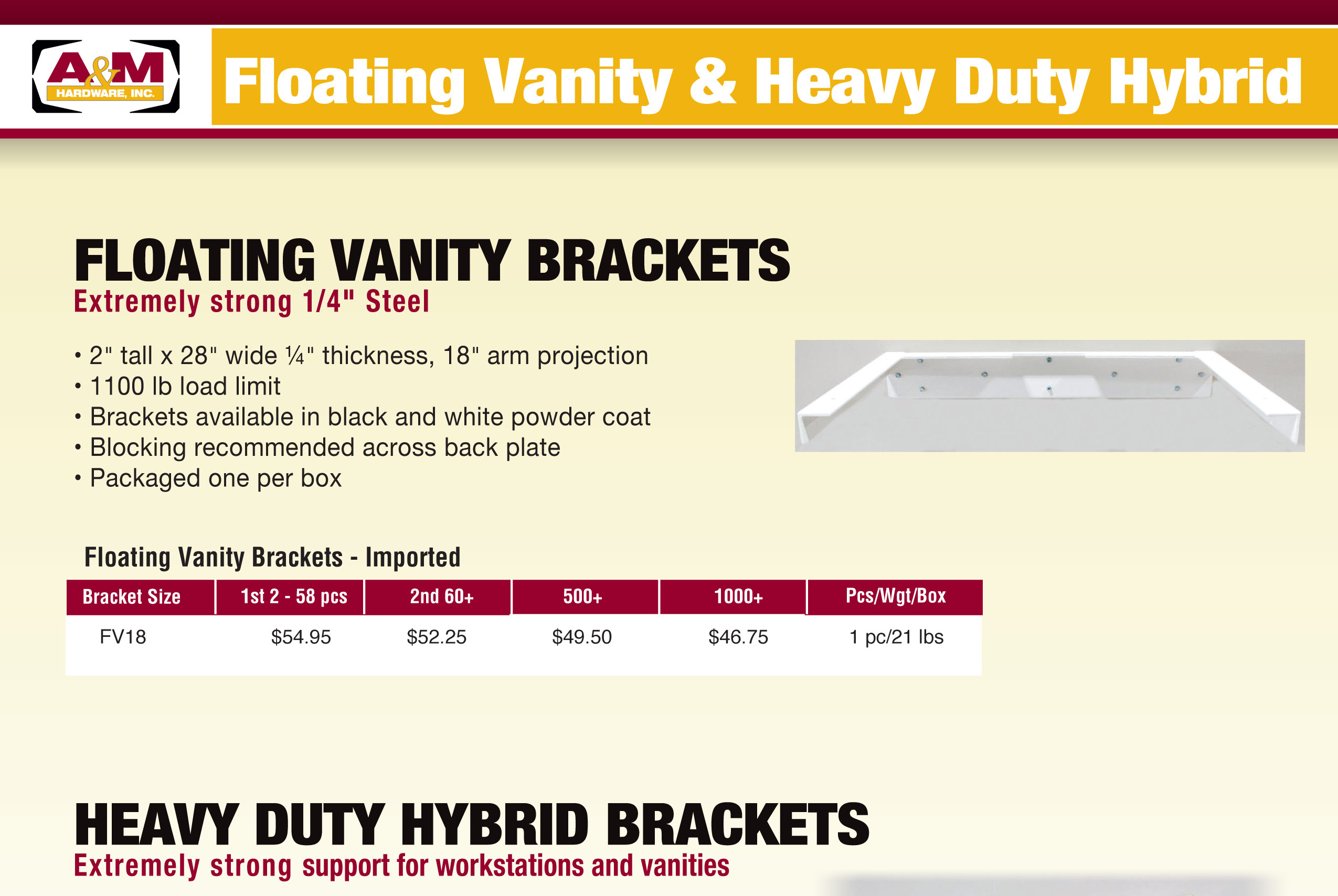 Floating Vanity & Heavy–Duty Hybrid Bracket Price List